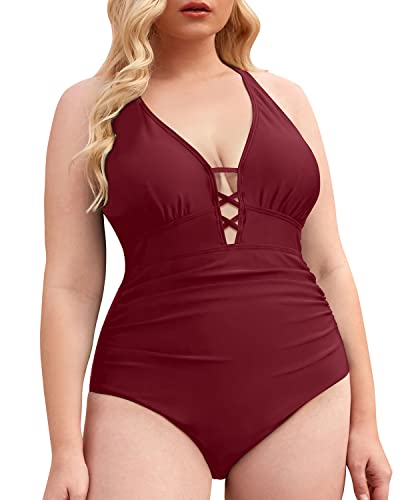 Lace Up Front Criss Cross Back Plus Size Push Up One Piece Swimsuit-Maroon