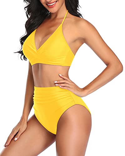 V-Neck Halter Twist Front Two-Piece High Waisted Bathing Suit-Neon Yellow