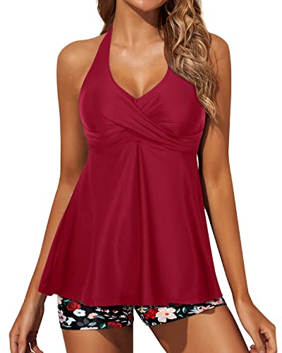 Padded Push Up Bra Tankini Swimsuits For Women Shorts-Red Floral