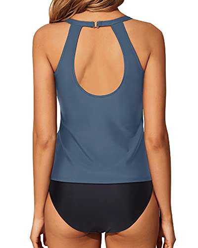 Modest And Trendy High Neck Tankini Set For Long Torsos-Grey