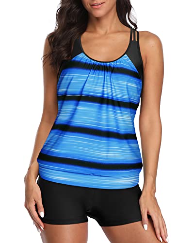 Slimming And Charming Sporty Tankini Swimwear For Women-Blue And Black Stripe
