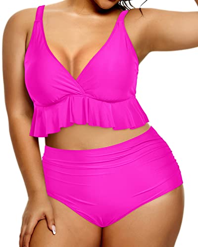 Plus Size Two Piece Bikini Set Tummy Control Ruffle Swimsuits For Women-Neon Pink