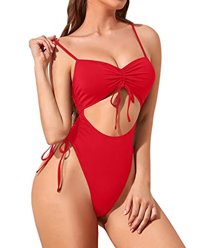 Sexy Side-Tie And Front-Tie High Cut Out Swimsuit For Women-Red