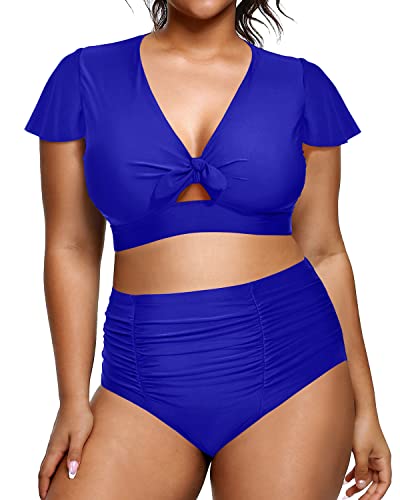 Womens Tummy Control Bathing Suits Short Sleeve Swimwear-Royal Blue