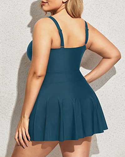 Built-In Bottom V Neck Swimdress For Women-Teal