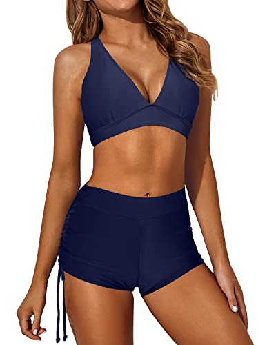 3 Piece Swimsuits Tankini Swim Tank Top Bathing Suits Boy Shorts And Bra-Blue Floral