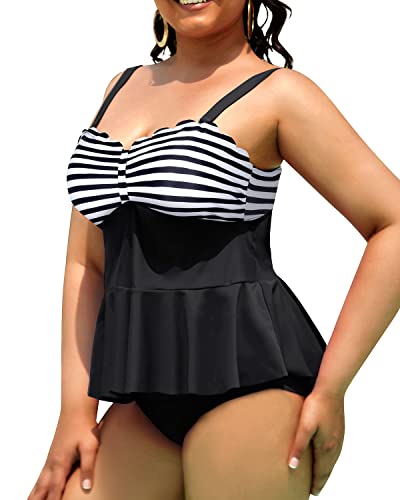 High Waisted Swim Bottom Tummy Control Swimsuits For Curvy Girls-Black And White Stripe