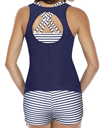 Trendy Women's Tankini Swimsuits Tummy Control And Boy Shorts-Blue White Stripe