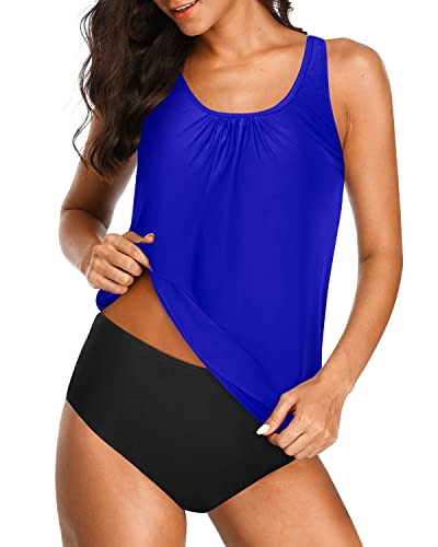 Modest Two Piece Bathing Suits Loose Fit For Women-Royal Blue And Black