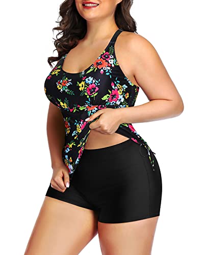 Women's Plus Size Tankini Swimsuit Shorts Athletic 2 Piece Swimwear-Black Floral