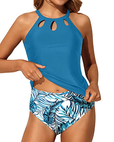 Backless Tankini Set Halter Top & Tummy Control Bottoms For Women-Blue Leaf