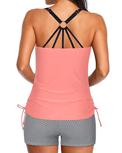 Womens Swimming Suits Tankini Soft Padded Swim Top-Coral Pink Stripe