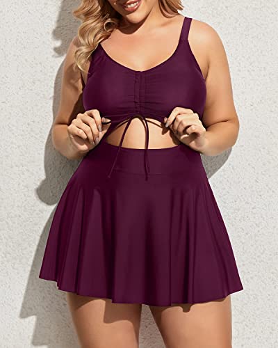 Adjustable Drawstring One Piece Swimdress Swimsuits For Women-Maroon