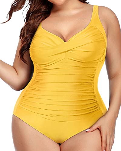 Retro One Piece Swimsuits For Curvy Women Tummy Control-Neon Yellow
