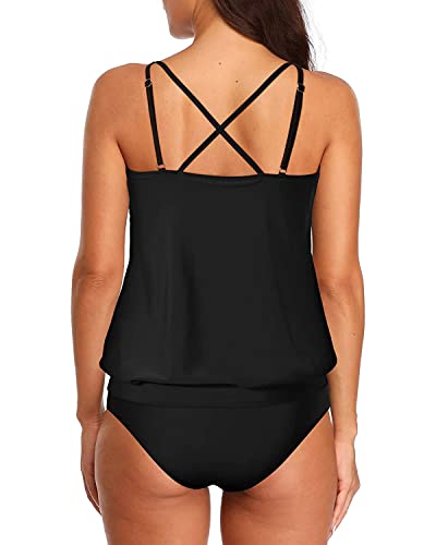 Women's Built-In Sports Soft Bra Wireless Blouson Tankini Swimsuits-Black