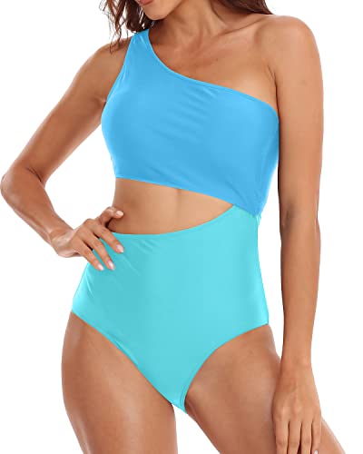Women's High Waisted One Piece Cutout One Shoulder Swimsuit-Blue And Blue
