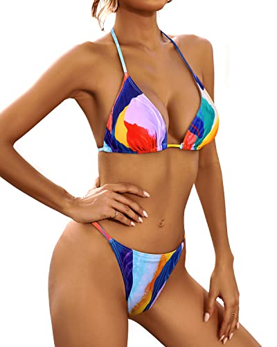Triangle Thong Bikini Set Sexy Swimsuits Women 3 Piece Bathing Suits-Colorful Triangle Thong Bikini Set Sexy Swimsuits Women 3 Piece Bathing Suits-Colorful