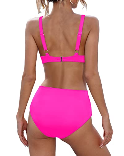 Two-Piece Swimsuit High Waisted Bikini Tummy Control Bathing Suit V Neck Swimwear-Neon Pink