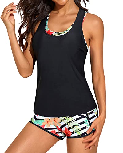 Flattering Open Back Tankinis Swimwear For Women Tank Tops-Black Floral