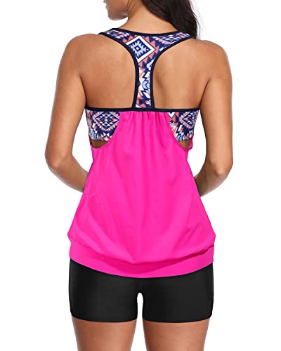 Women's Athletic Two Piece Tankini Suits High Waisted Board Shorts-Neon Pink