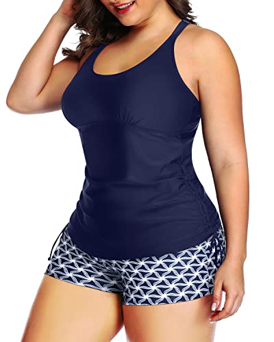 Sexy Hollow-Out Back Design Two Piece Ruched Swimsuit-Navy Blue Tribal