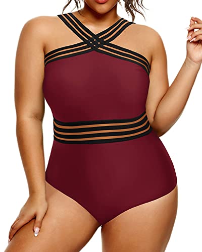 Slimming Tummy Control One Piece Swimsuit For Plus Size Women-Maroon