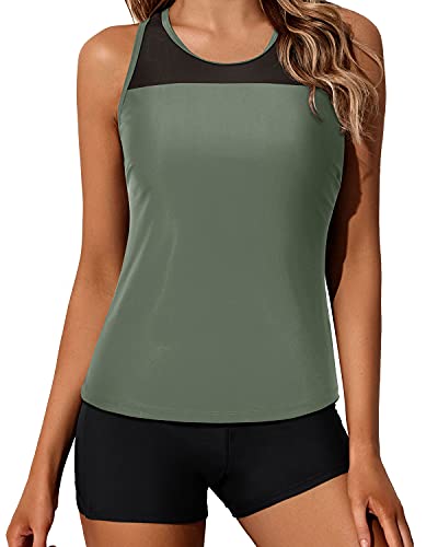 Tankini Swimsuits For Women Modest And Fitted Mid-Waist Shorts-Olive Green