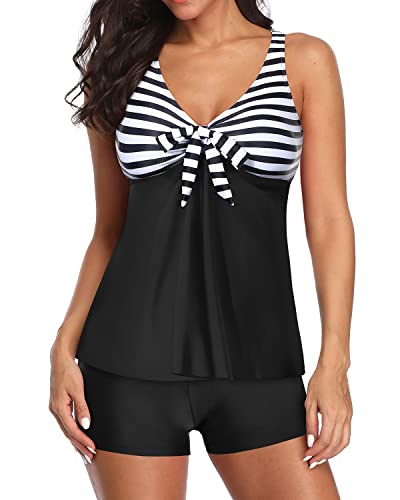 V Neck Tankini Swimsuits Removable Padded Bras For Women-Black And White Stripe