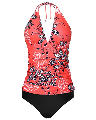 Backless Halter Tankini Swimsuits Bikini Bottom For Women-Red Floral