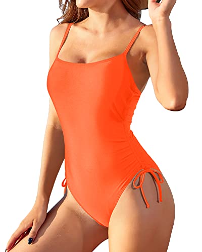 Retro Square Neckline One Piece Swimsuits Ruched Cute 1 Piece Swimwear-Neon Orange
