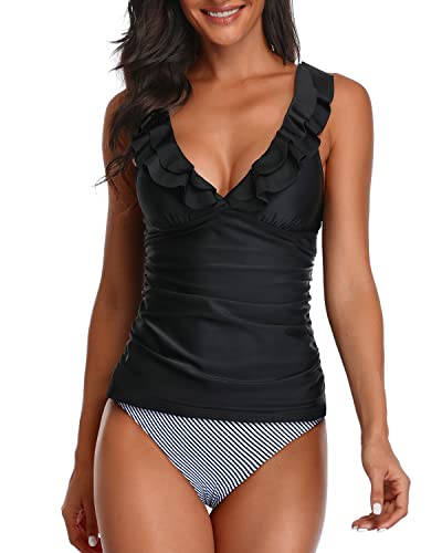 Deep V Neck Ruffle Tankini Swimsuits For Women-Black Stripe