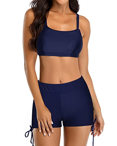3 Piece Womens Athletic Bathing Suits Tank Tops Bra And Boyshorts-Blue Leaf