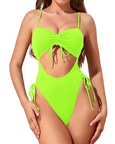 Sexy One Piece Swimsuit Thong Bathing Suit For Women Cut Out Monokini-Yellow Green
