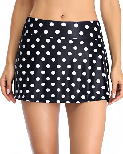 Mid Waist Elastic Waist Swim Skirt Bottoms For Women-Black Dot