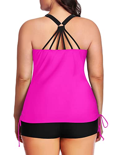 Athletic Plus Size Strappy Tankini Top Boyleg Shorts For Curvy Women-Hot Pink