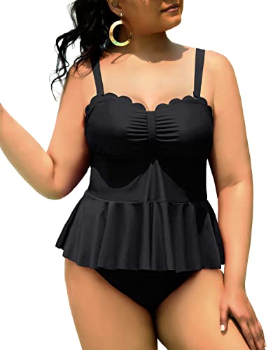 Women's Plus Size 2 Piece Tankini Swimsuits Tummy Control Bathing Suits-Black