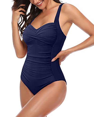 Women's One Piece Full Coverage Tummy Control Swimsuits-Navy Blue