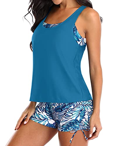 Trendy 3 Piece Bathing Suits Shorts And Bra And Boyshorts-Blue Leaf