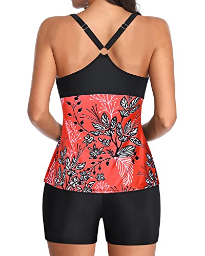 U Neck Swim Tank Top Tummy Control And Boyshorts Modest Swimwear-Red Floral