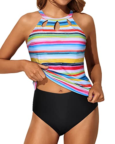 Laides Keyhole Design Tankini 2 Piece High Neck Bathing Suit-Striped And Black
