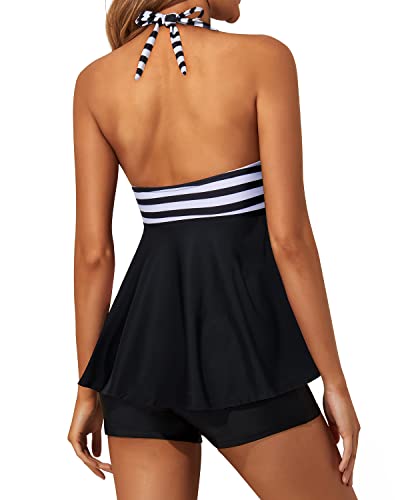 Slimming Boyshorts Tankini Swimsuits For Women Shorts-Black And White Stripe