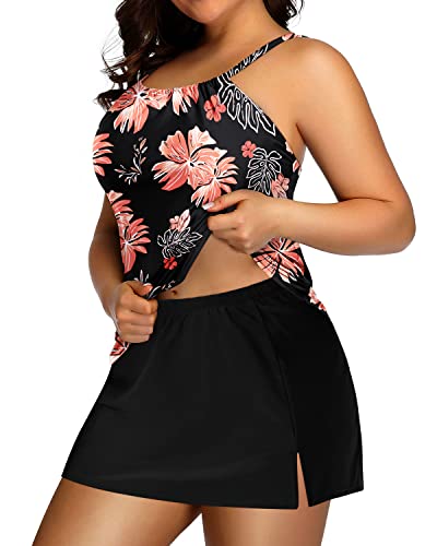 Women's Two Piece Plus Size Tankini Tummy Control High Neck Swimsuits-Black Orange Floral