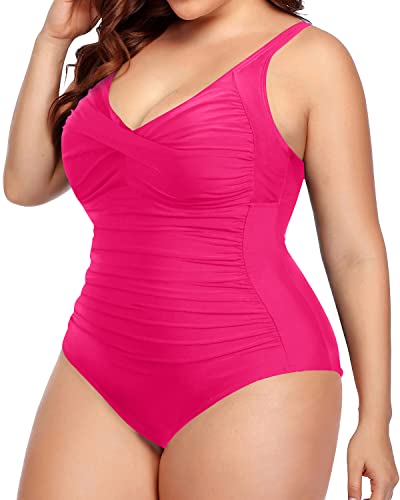 Women's Plus Size One Piece Swimsuit Twist Front Ruched Swimwear-Neon Pink