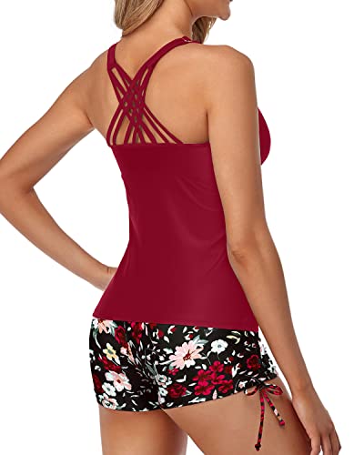 Sporty Tummy Control Tankini Swimsuits Boy Shorts-Red Floral