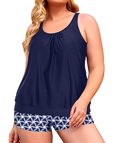 Sporty Tankini Tops Swim Shorts For Women Of All Ages-Navy Blue Tribal