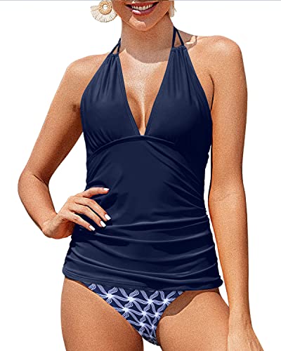 Halter Tankini Tops V Neck Bikini Bottom Tummy Control Two Piece Swimsuit-Navy Blue Tribal