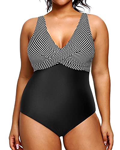 Slimming Tummy Control Plus Size Bathing Suits For Women-Black Stripe