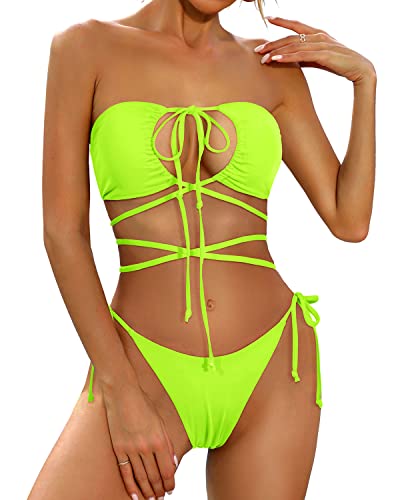 Criss-Cross Front Strappy Two Piece Bikini Set Sexy Swimsuit-Yellow Green