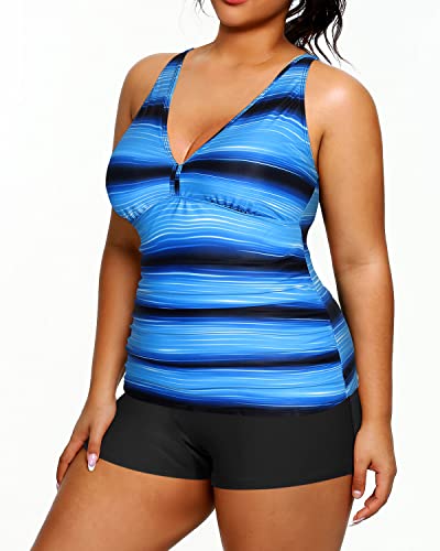 High Waisted Plus Size Tankini Shorts Bathing Suits-Blue And Black Stripe