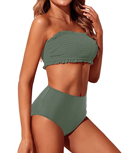 Two Piece Smocked Ruffle Off Shoulder Bikini Set High Waisted Bottoms-Army Green